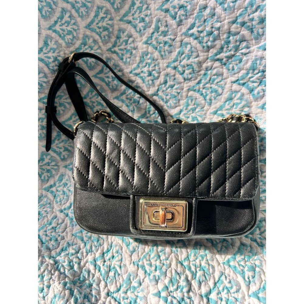 Karl Lagerfeld Paris Black Quilted Leather Crossbody Bag Gold Turn Lock